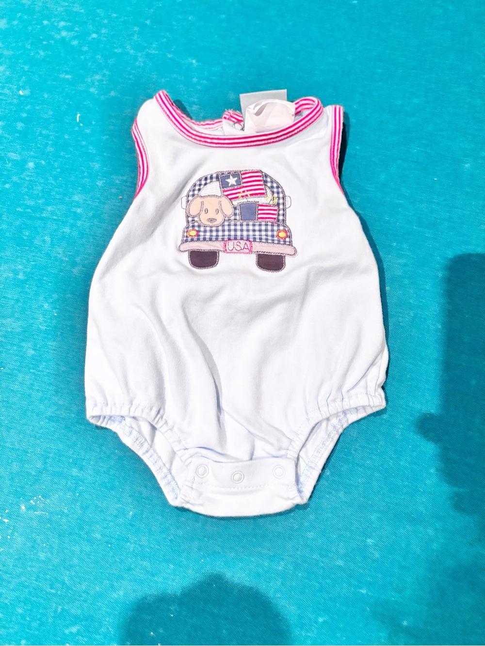 3 Sisters White Baby Romper with Patriotic Truck Embroidery